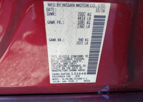 2017 Nissan Altima 3.5 Sr из США, поврежденный, VIN 1N4BL3AP5HC135648